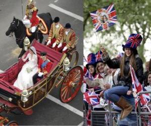 пазл Британская Королевская свадьба между Принц Уильям и Кейт Миддлтон, идя в перевозке граждан acalamados